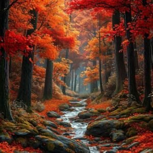 Deimantinė mozaika ant porėmio "LIEPSNOJANTIS RUDENIO MIŠKAS"